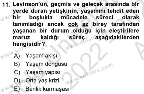 Yaşlı Psikolojisi Dersi 2022 - 2023 Yılı (Vize) Ara Sınavı 11. Soru