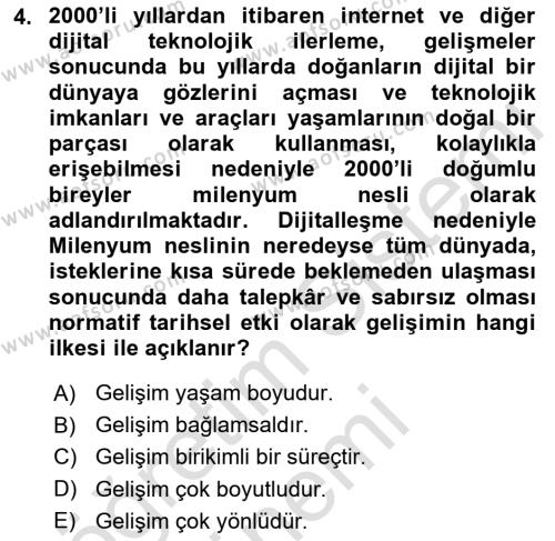 Yaşlı Psikolojisi Dersi 2023 - 2024 Yılı (Final) Dönem Sonu Sınavı 4. Soru