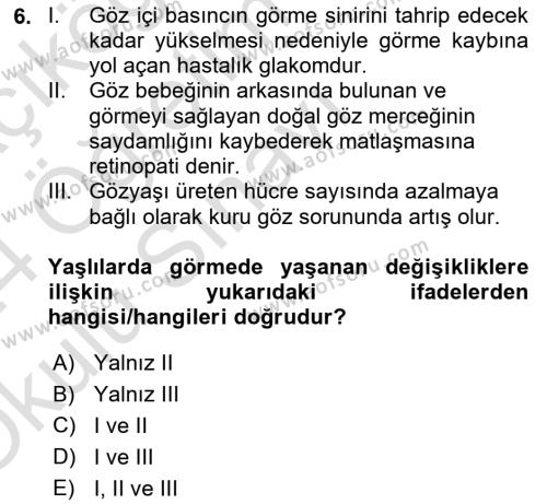 Yaşlı Psikolojisi Dersi 2023 - 2024 Yılı Yaz Okulu Sınavı 6. Soru