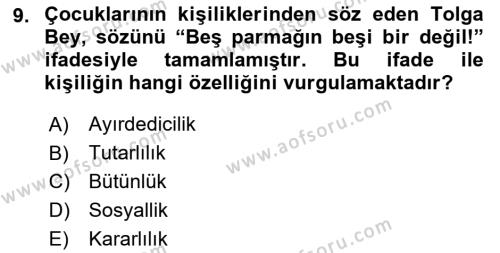 Yaşlı Psikolojisi Dersi 2023 - 2024 Yılı Yaz Okulu Sınavı 9. Soru