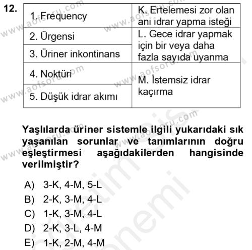 Yaşlı Bakımı İlke Ve Uygulamaları Dersi 2018 - 2019 Yılı (Final) Dönem Sonu Sınavı 12. Soru