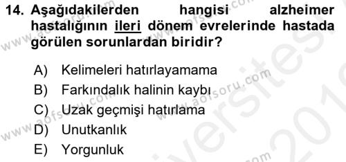 Evde Yaşlı Bakım Hizmetleri Dersi 2018 - 2019 Yılı (Vize) Ara Sınavı 14. Soru