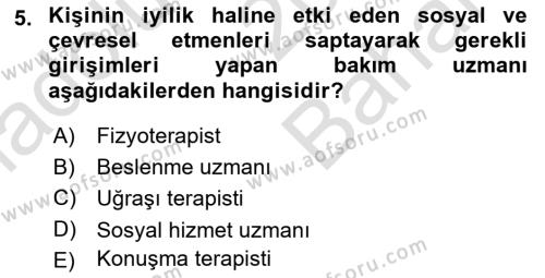 Evde Yaşlı Bakım Hizmetleri Dersi 2023 - 2024 Yılı (Vize) Ara Sınavı 5. Soru