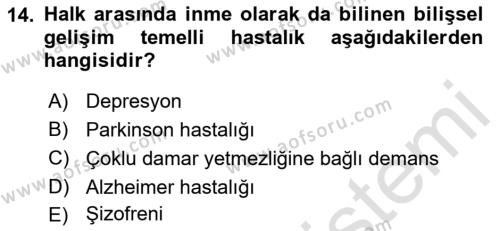 Yaşlılarda Davranış Sorunları Ve Uyum Dersi 2023 - 2024 Yılı (Vize) Ara Sınavı 14. Soru