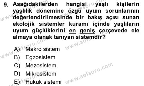 Yaşlılarda Davranış Sorunları Ve Uyum Dersi 2023 - 2024 Yılı (Final) Dönem Sonu Sınavı 9. Soru