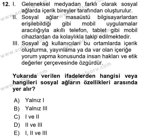 Bilişim Teknolojileri Dersi 2020 - 2021 Yılı Yaz Okulu Sınavı 12. Soru