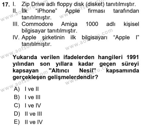 Bilişim Teknolojileri Dersi 2020 - 2021 Yılı Yaz Okulu Sınavı 17. Soru