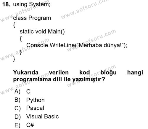 Bilişim Teknolojileri Dersi 2020 - 2021 Yılı Yaz Okulu Sınavı 18. Soru