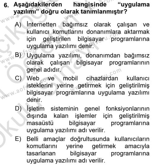 Bilişim Teknolojileri Dersi 2020 - 2021 Yılı Yaz Okulu Sınavı 6. Soru