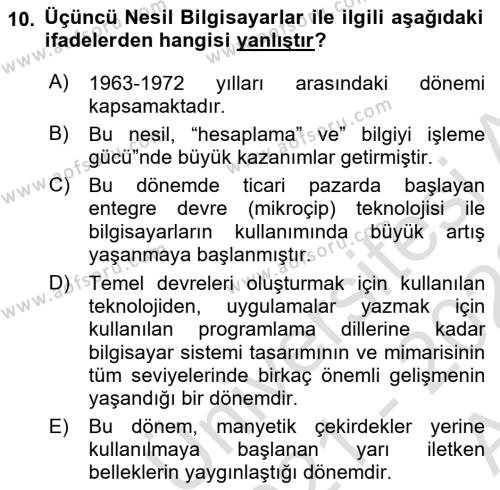 Bilişim Teknolojileri Dersi 2021 - 2022 Yılı (Vize) Ara Sınavı 10. Soru