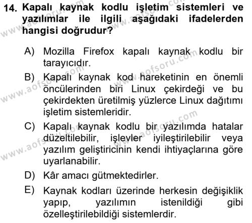 Bilişim Teknolojileri Dersi 2021 - 2022 Yılı (Vize) Ara Sınavı 14. Soru