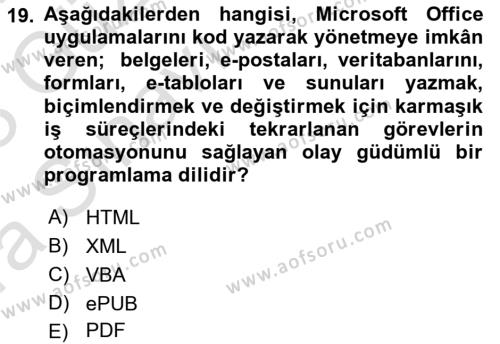 Bilişim Teknolojileri Dersi 2022 - 2023 Yılı (Vize) Ara Sınavı 19. Soru