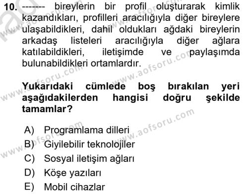 Bilişim Teknolojileri Dersi 2022 - 2023 Yılı Yaz Okulu Sınavı 10. Soru