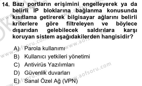 Bilişim Teknolojileri Dersi 2023 - 2024 Yılı Yaz Okulu Sınavı 14. Soru