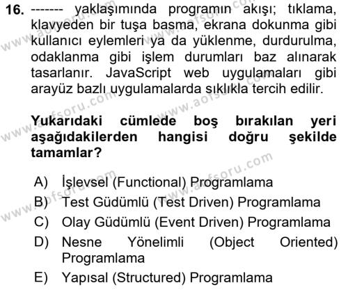 Bilişim Teknolojileri Dersi 2023 - 2024 Yılı Yaz Okulu Sınavı 16. Soru