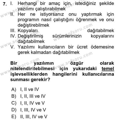 Bilişim Teknolojileri Dersi 2023 - 2024 Yılı Yaz Okulu Sınavı 7. Soru