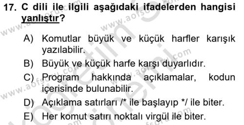 Bilgisayar Ve Programlamaya Giriş Dersi 2021 - 2022 Yılı (Vize) Ara Sınavı 17. Soru