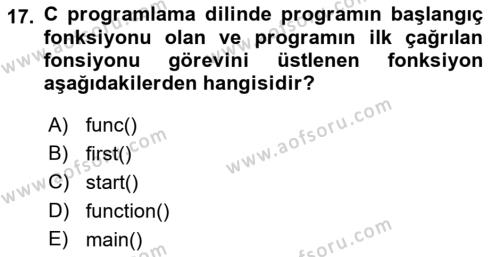 Bilgisayar Ve Programlamaya Giriş Dersi 2023 - 2024 Yılı (Vize) Ara Sınavı 17. Soru