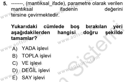 İşletme Analitiği Dersi 2021 - 2022 Yılı Yaz Okulu Sınavı 5. Soru