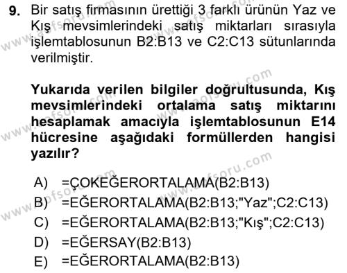 İşletme Analitiği Dersi 2023 - 2024 Yılı (Final) Dönem Sonu Sınavı 9. Soru