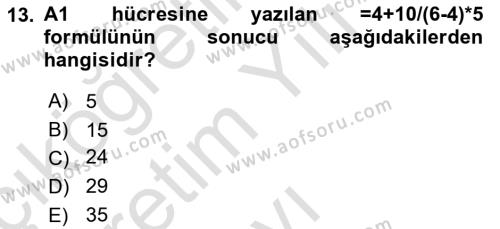 İşlem Tabloları Dersi 2020 - 2021 Yılı Yaz Okulu Sınavı 13. Soru