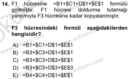 İşlem Tabloları Dersi 2020 - 2021 Yılı Yaz Okulu Sınavı 14. Soru