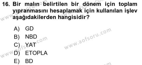 İşlem Tabloları Dersi 2020 - 2021 Yılı Yaz Okulu Sınavı 16. Soru