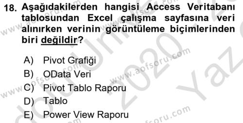 İşlem Tabloları Dersi 2020 - 2021 Yılı Yaz Okulu Sınavı 18. Soru