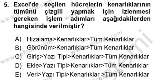 İşlem Tabloları Dersi 2020 - 2021 Yılı Yaz Okulu Sınavı 5. Soru