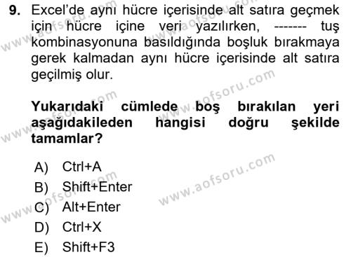 İşlem Tabloları Dersi 2020 - 2021 Yılı Yaz Okulu Sınavı 9. Soru