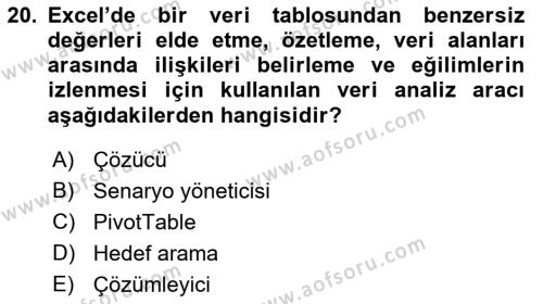 İşlem Tabloları Dersi 2021 - 2022 Yılı Yaz Okulu Sınavı 20. Soru