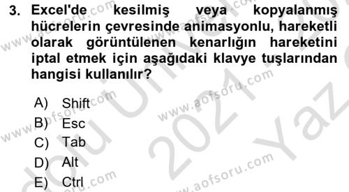 İşlem Tabloları Dersi 2021 - 2022 Yılı Yaz Okulu Sınavı 3. Soru