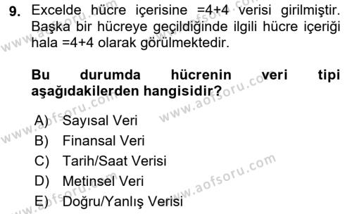 İşlem Tabloları Dersi 2021 - 2022 Yılı Yaz Okulu Sınavı 9. Soru