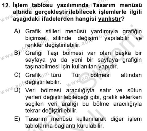 İşlem Tabloları Dersi 2022 - 2023 Yılı Yaz Okulu Sınavı 12. Soru