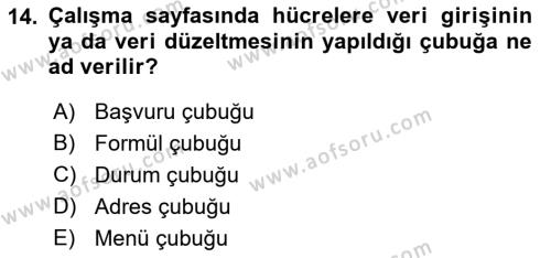 İşlem Tabloları Dersi 2022 - 2023 Yılı Yaz Okulu Sınavı 14. Soru