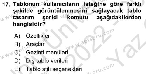 İşlem Tabloları Dersi 2022 - 2023 Yılı Yaz Okulu Sınavı 17. Soru