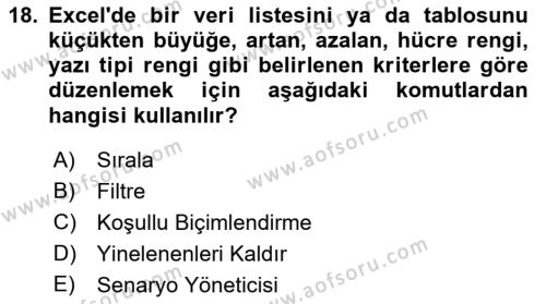 İşlem Tabloları Dersi 2022 - 2023 Yılı Yaz Okulu Sınavı 18. Soru