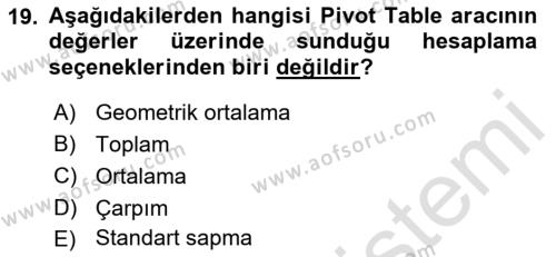 İşlem Tabloları Dersi 2022 - 2023 Yılı Yaz Okulu Sınavı 19. Soru