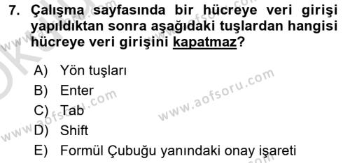 İşlem Tabloları Dersi 2022 - 2023 Yılı Yaz Okulu Sınavı 7. Soru