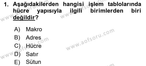 İşlem Tabloları Dersi 2023 - 2024 Yılı (Final) Dönem Sonu Sınavı 1. Soru