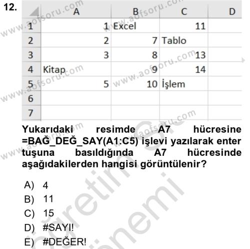 İşlem Tabloları Dersi 2023 - 2024 Yılı (Final) Dönem Sonu Sınavı 12. Soru