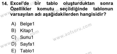 İşlem Tabloları Dersi 2023 - 2024 Yılı (Final) Dönem Sonu Sınavı 14. Soru