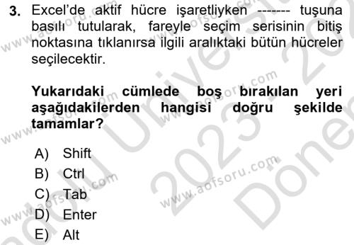 İşlem Tabloları Dersi 2023 - 2024 Yılı (Final) Dönem Sonu Sınavı 3. Soru