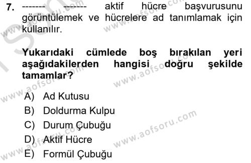 İşlem Tabloları Dersi 2023 - 2024 Yılı (Final) Dönem Sonu Sınavı 7. Soru