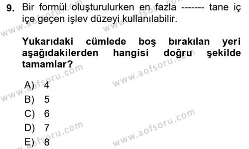 İşlem Tabloları Dersi 2023 - 2024 Yılı (Final) Dönem Sonu Sınavı 9. Soru