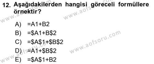 İşlem Tabloları Dersi 2023 - 2024 Yılı Yaz Okulu Sınavı 12. Soru