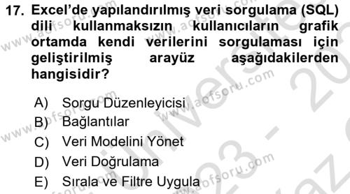 İşlem Tabloları Dersi 2023 - 2024 Yılı Yaz Okulu Sınavı 17. Soru