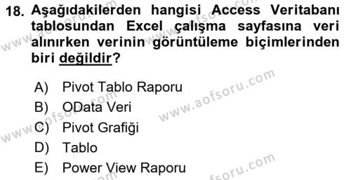 İşlem Tabloları Dersi 2023 - 2024 Yılı Yaz Okulu Sınavı 18. Soru