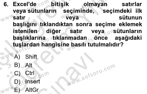 İşlem Tabloları Dersi 2023 - 2024 Yılı Yaz Okulu Sınavı 6. Soru