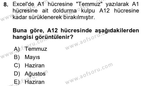 İşlem Tabloları Dersi 2023 - 2024 Yılı Yaz Okulu Sınavı 8. Soru